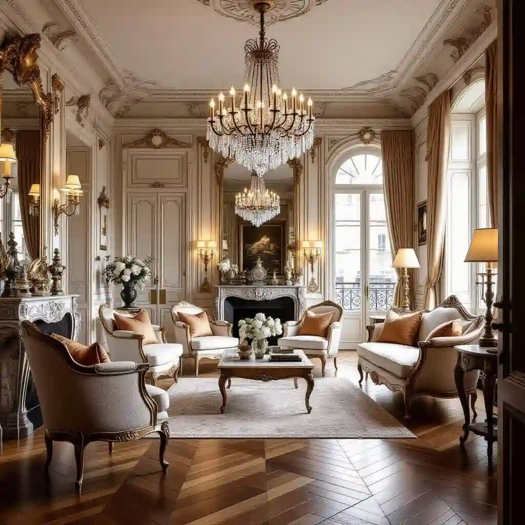 Appartement de style versaillais à Rocquencourt, avec moulures, parquet, mobilier élégant et luminaires raffinés