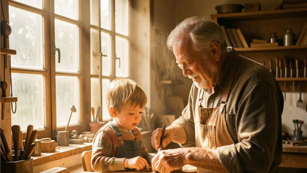 Jeune enfant et son grand-père dans un atelier