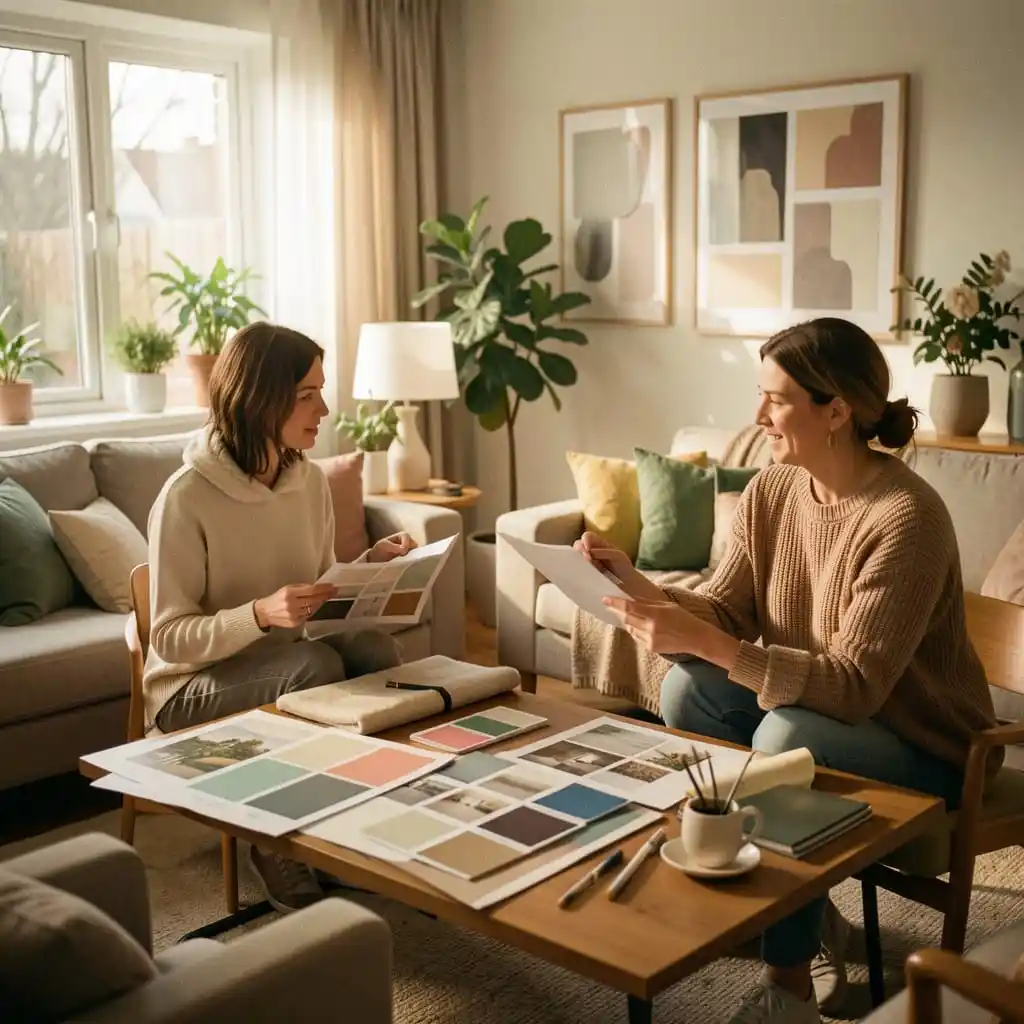 Séance de coaching déco à domicile avec un designer d’intérieur, conseils sur couleurs, mobilier et aménagement personnalisé