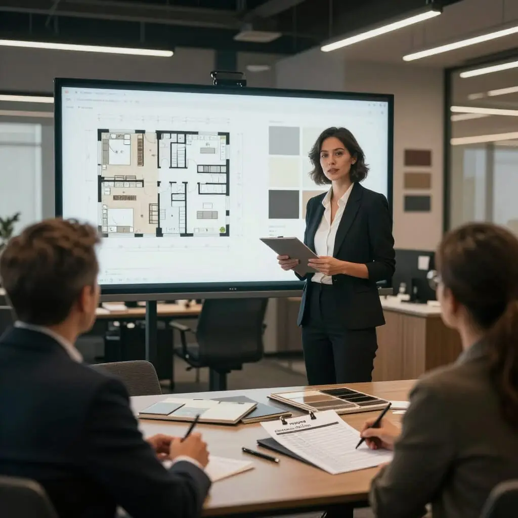 Designer d’intérieur présentant un projet clé en main à un client professionnel avec plans, vues 3D, moodboards et échantillons de matériaux