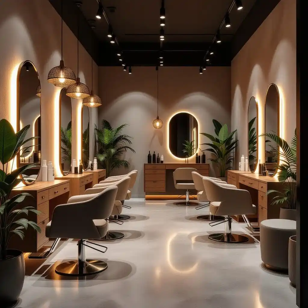 Intérieur d’un salon de coiffure chic et moderne à Louveciennes, avec postes de coiffage élégants et espace d’attente design