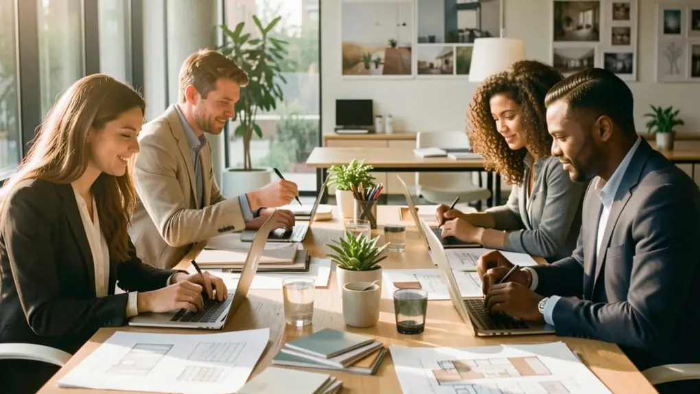 Designers et experts travaillant sur un concept global d’aménagement intérieur et de branding dans un studio moderne et lumineux